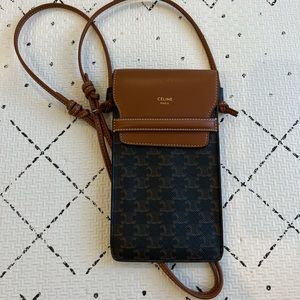 Celine PHONE POUCH WITH FLAP IN TRIOMPHE CANVAS AND LAMBSKIN